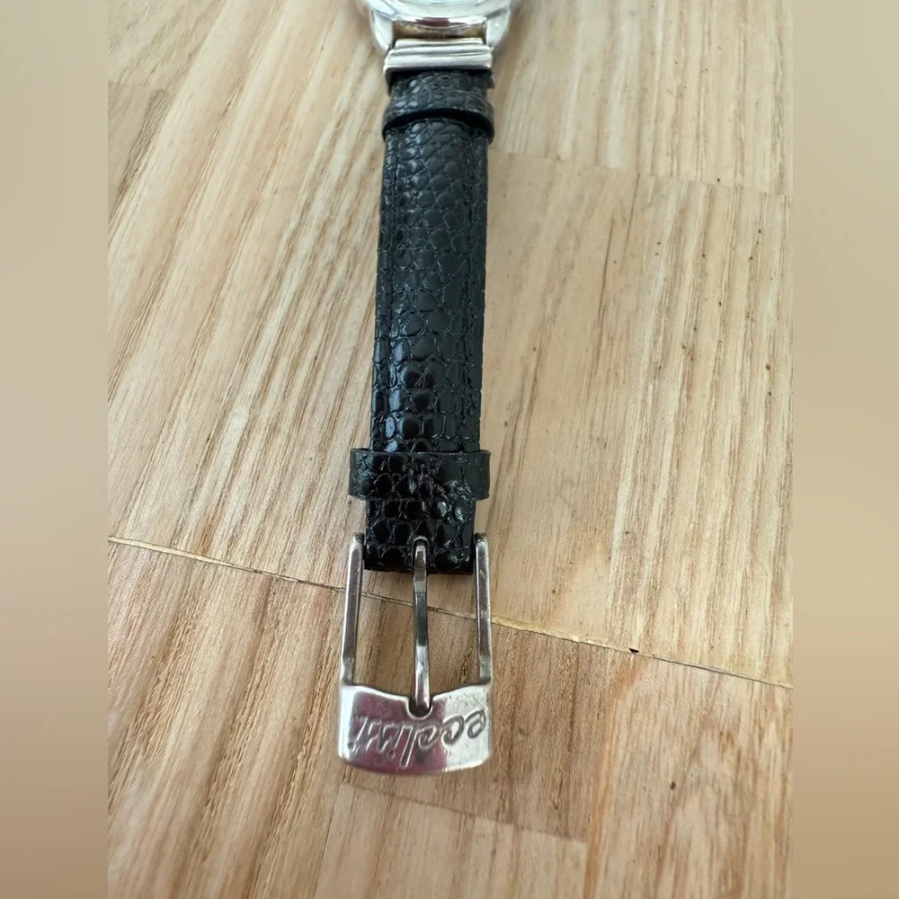 Ecclissi ladies sterling silver black leather watch NEW BATTERY